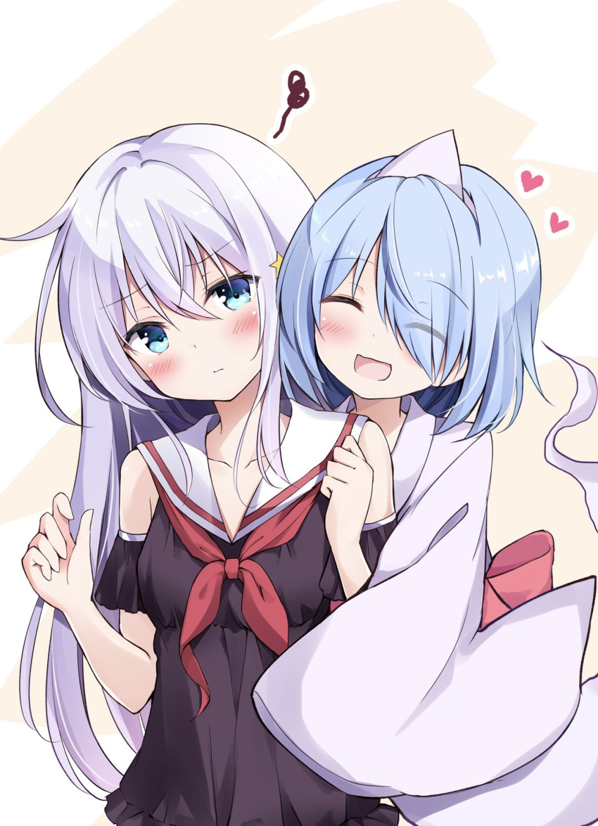 2girls :d bare_shoulders black_dress blue_eyes blue_hair blush bow closed_eyes closed_mouth collarbone commentary_request dress ghost ghost_tail hair_ornament hair_over_one_eye hands_up heart highres hoshinomiya_kunon hug hyurasan long_hair long_sleeves looking_at_viewer multiple_girls neckerchief open_mouth original red_bow red_neckwear sailor_collar short_hair silver_hair sleeves_past_fingers sleeves_past_wrists smile squiggle star star_hair_ornament triangular_headpiece upper_body white_sailor_collar wide_sleeves