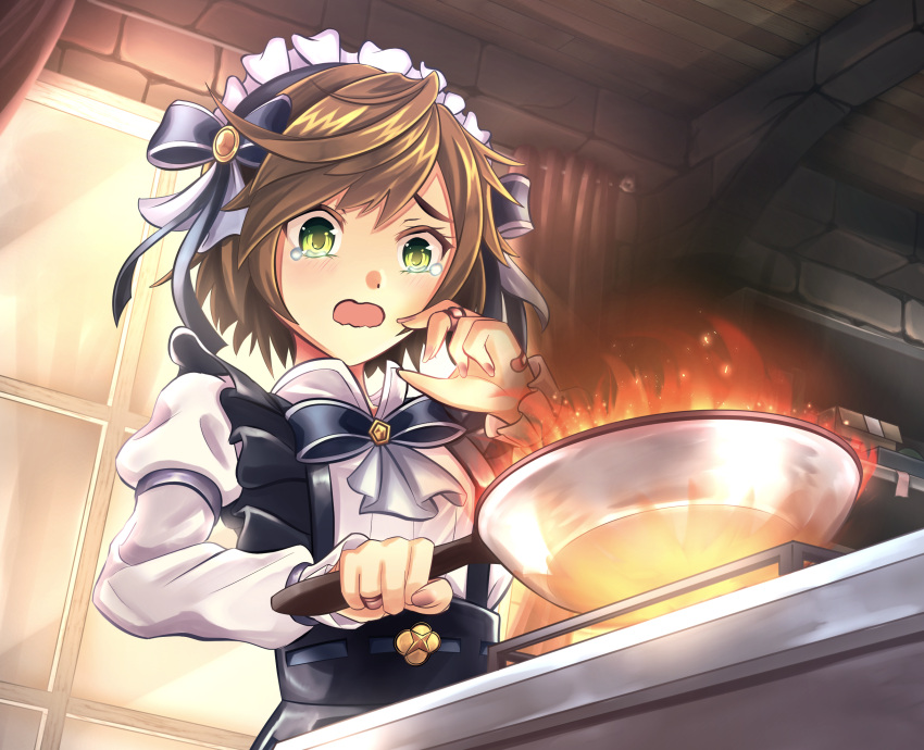 1girl apron black_apron black_bow blush bow box brown_hair burning collar commentary cooking curtains dragalia_lost embarrassed english_commentary fire frilled_headband frying_pan green_eyes hair_bow highres kitchen light light_rays long_sleeves maid maid_apron maid_headdress melody_(dragalia_lost) open_mouth ryo-suzuki shelf shirt short_hair solo stove tears upper_body white_collar white_shirt window