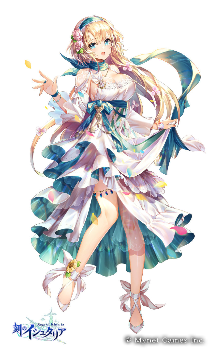 1girl absurdres age_of_ishtaria bangs blonde_hair blue_eyes bracelet breasts cleavage commentary_request copyright_name dress eyebrows_visible_through_hair flower full_body hair_flower hair_ornament hairband high_heels highres holding jewelry large_breasts logo long_hair nemusuke official_art petals shiny shiny_hair shiny_skin simple_background solo white_background white_dress white_footwear wide_sleeves