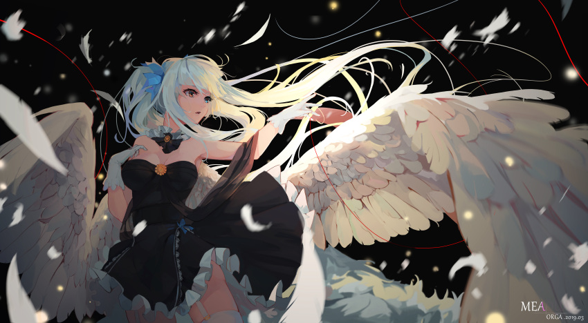 1girl absurdres angel_wings black_background black_dress blue_eyes breasts choker cleavage cowboy_shot dress feathered_wings floating_hair frilled_dress frills garter_straps gloves heterochromia highres kagura_mea kagura_mea_channel long_hair medium_breasts open_mouth orga_(pixiv13765813) red_eyes red_ribbon ribbon short_dress silver_hair sleeveless sleeveless_dress solo standing strapless strapless_dress thigh-highs very_long_hair virtual_youtuber white_feathers white_gloves white_legwear white_wings wings