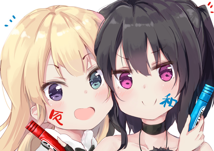 &gt;:) 2girls :d amano_kouki bangs bare_shoulders black_choker black_hair blonde_hair blue_eyes blush choker closed_mouth collarbone commentary_request eyebrows_visible_through_hair facepaint fingerless_gloves fingernails gloves hair_between_eyes halterneck heterochromia highres holding long_hair marker multiple_girls note-chan open_mouth original simple_background smile translation_request two_side_up v-shaped_eyebrows violet_eyes white_background