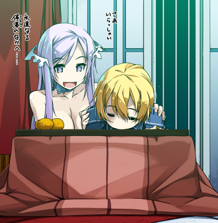 1boy 1girl :d blonde_hair breasts choker cleavage closed_eyes collarbone eugeo grey_eyes hair_between_eyes hands_on_another's_shoulder highres indoors kotatsu long_hair medium_breasts open_mouth quinella shikei silver_hair sketch sleeping smile sword_art_online table under_kotatsu under_table very_long_hair