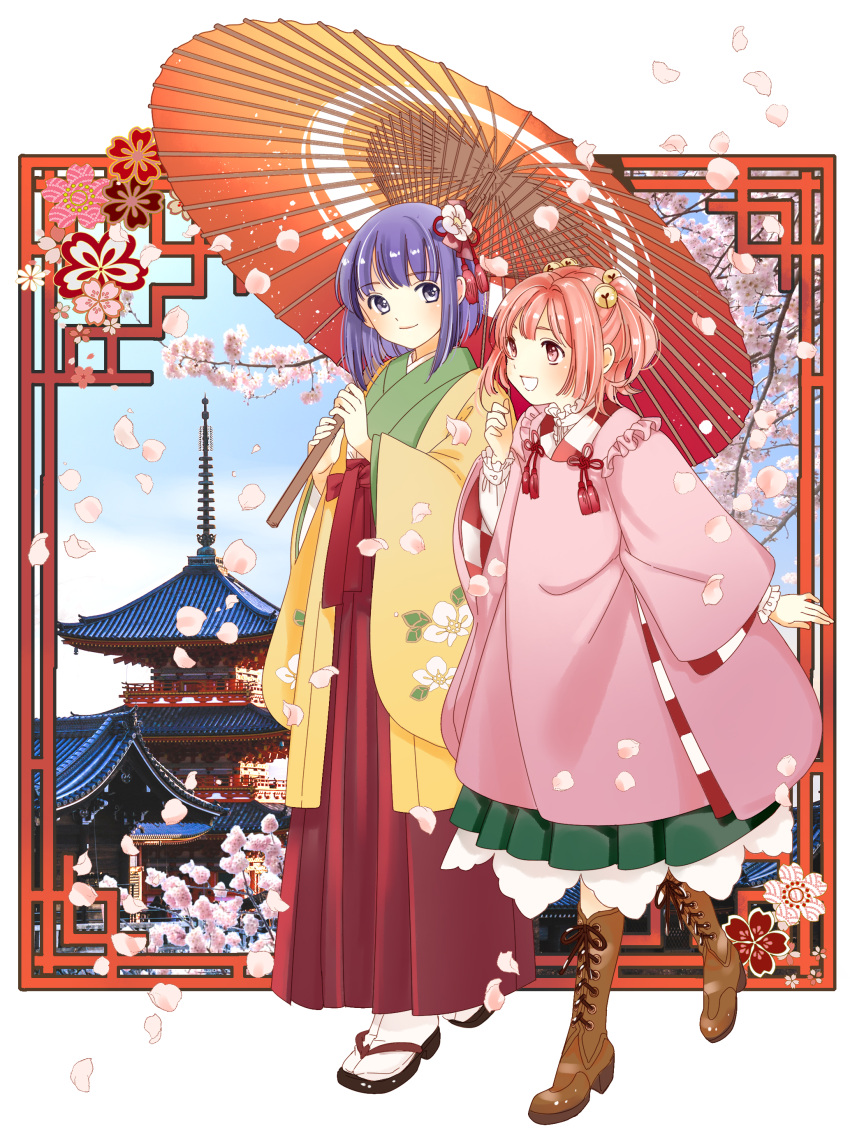 2girls absurdres architecture bell boots brown_footwear cherry_blossoms commentary_request cross-laced_footwear east_asian_architecture eyebrows_visible_through_hair flower full_body geta hair_bell hair_ornament hieda_no_akyuu high_heel_boots high_heels highres holding holding_umbrella japanese_clothes jingle_bell kimono koma_midori lace-up_boots long_sleeves motoori_kosuzu multiple_girls open_mouth oriental_umbrella outdoors pagoda petals photo_background purple_hair red_eyes redhead short_hair sky smile standing tabi touhou tree two_side_up umbrella violet_eyes wide_sleeves