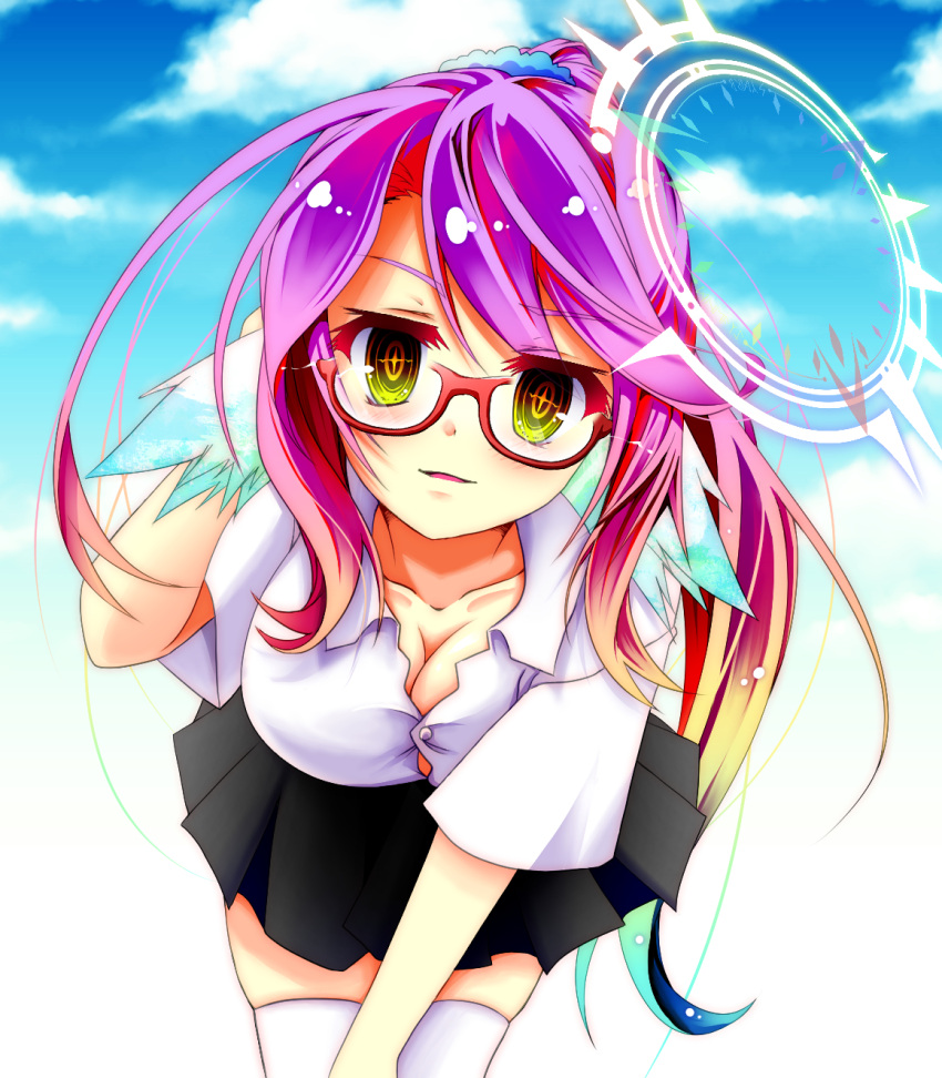 1girl arm_behind_head black_skirt blue_sky blush breasts cleavage cross day glasses gradient_eyes gradient_hair hair_ornament hair_scrunchie halo highres jibril_(no_game_no_life) large_breasts leaning_forward long_hair looking_at_viewer magic_circle mimi0846 multicolored multicolored_eyes multicolored_hair no_game_no_life orange_eyes parted_lips pink_hair scrunchie shirt skirt sky solo symbol-shaped_pupils thigh-highs very_long_hair white_legwear white_shirt wing_ears yellow_eyes zettai_ryouiki