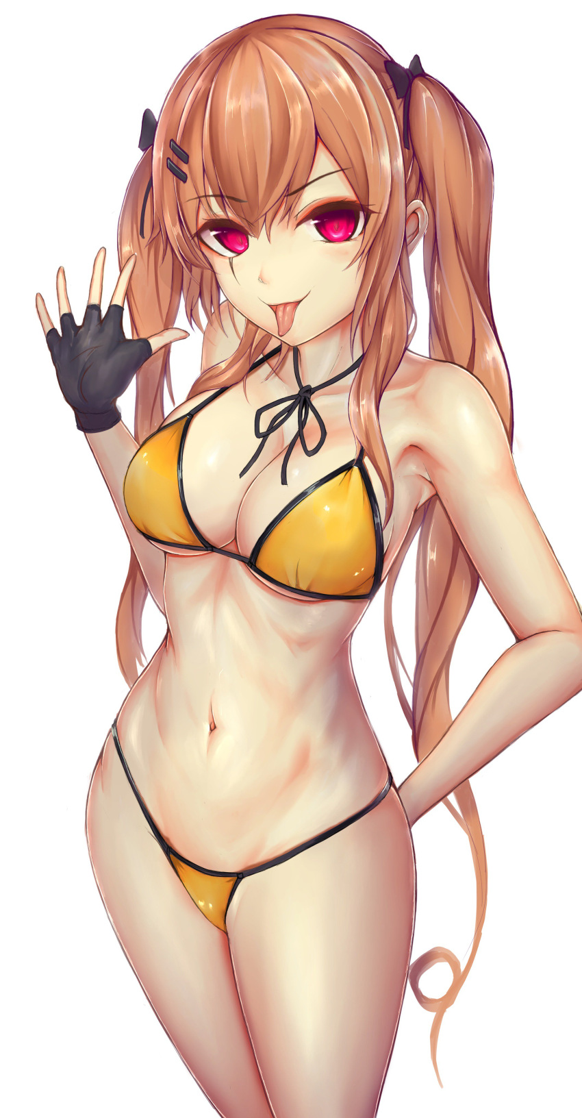 1girl :p absurdres arm_behind_back bangs bare_shoulders bikini black_gloves blush breasts brown_hair cowboy_shot eyebrows_visible_through_hair fingerless_gloves franz_(217franz) girls_frontline gloves hair_between_eyes hair_ornament hairclip hand_up highres long_hair looking_at_viewer navel red_eyes scar scar_across_eye sidelocks simple_background skindentation smile stomach swimsuit thighs toned tongue tongue_out twintails ump9_(girls_frontline) white_background yellow_bikini