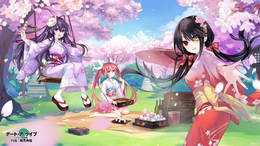 3girls :d black_hair blush bow clock_eyes copyright_name date_a_live day floating_hair floral_print flower fox_mask full_body gradient_kimono hair_bow hair_flower hair_ornament hair_ribbon hanami heterochromia highres itsuka_kotori japanese_clothes kimono long_hair looking_at_viewer mask mask_on_head multiple_girls obi open_mouth outdoors outstretched_arm outstretched_arms pink_bow pink_flower print_kimono purple_hair purple_kimono red_bow red_eyes red_kimono red_ribbon redhead ribbon sash shiny shiny_hair short_kimono sitting smile socks standing symbol-shaped_pupils tabi tokisaki_kurumi very_long_hair violet_eyes wariza white_bow white_flower white_kimono white_legwear yatogami_tooka yellow_bow yellow_eyes yukata