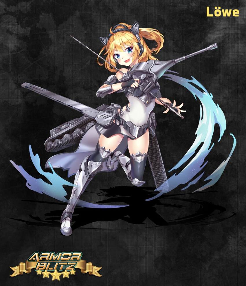 1girl animal_ears armor_blitz armored_boots armored_leotard bare_shoulders blonde_hair blue_eyes boots cat_ears caterpillar_tracks copyright_name elbow_pads eyebrows_visible_through_hair fingerless_gloves gloves gun hair_between_eyes head_tilt headphones highres holding holding_gun holding_weapon leg_up looking_at_viewer mecha_musume short_hair solo squchan thigh-highs v-shaped_eyebrows weapon