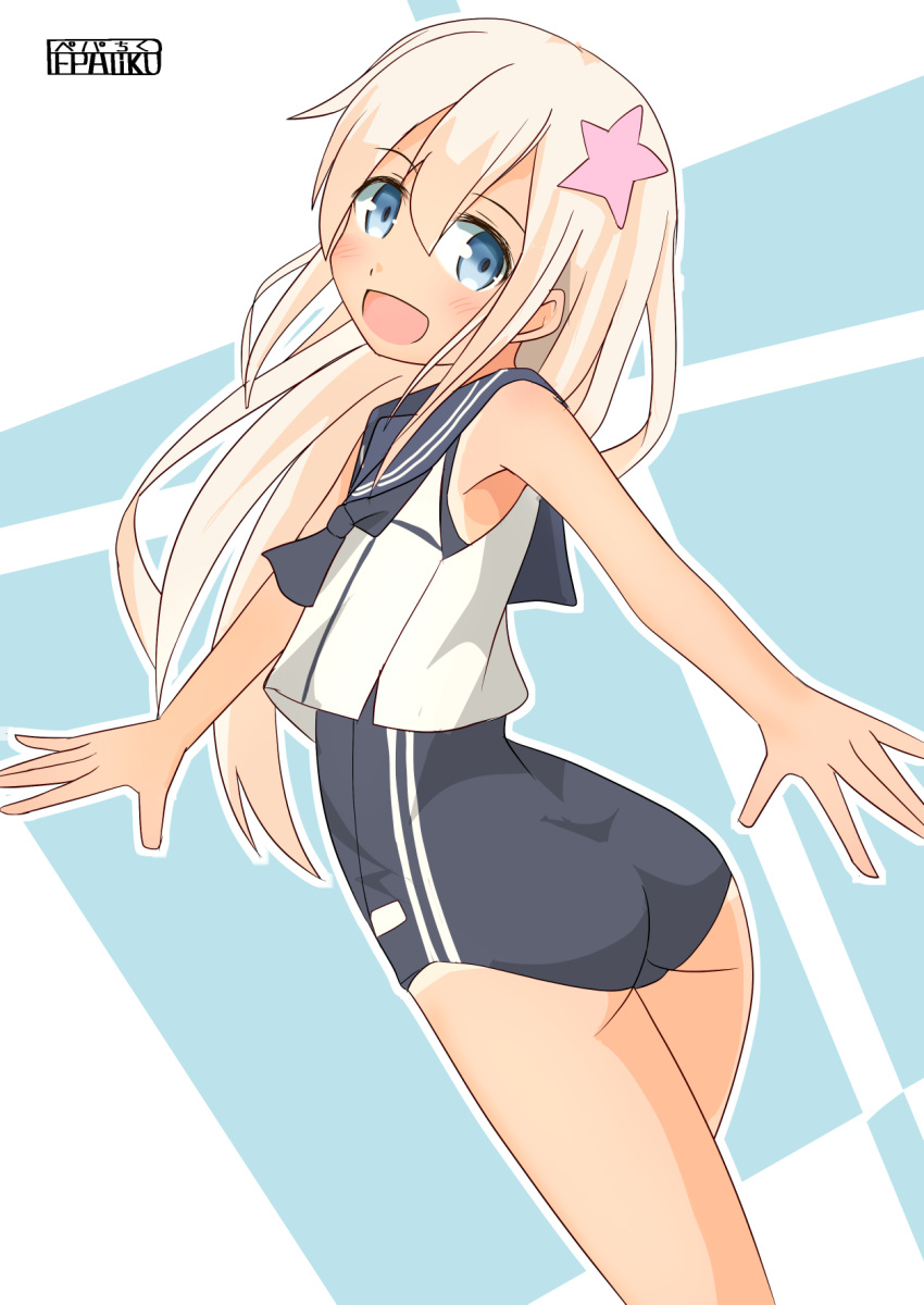 1girl ass black_neckwear black_sailor_collar black_swimsuit blonde_hair blue_eyes crop_top feet_out_of_frame flower from_behind hair_flower hair_ornament highres kantai_collection long_hair looking_at_viewer looking_back one-piece_tan open_mouth pepatiku ro-500_(kantai_collection) sailor_collar school_swimsuit smile solo swimsuit swimsuit_under_clothes tan tanline two-tone_background