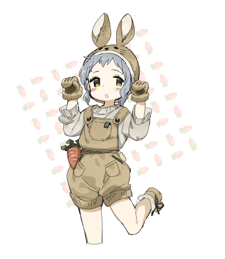1girl animal_ears animal_hat blush_stickers boots brown_eyes brown_footwear brown_headwear brown_mittens bunny_hat fake_animal_ears food_background fur-trimmed_mittens fur_trim grey_hair grey_shirt hands_up hat highres idolmaster idolmaster_million_live! long_sleeves looking_at_viewer makabe_mizuki mittens overall_shorts parted_lips rabbit_ears shirt short_hair simple_background solo spawnfoxy standing standing_on_one_leg white_background