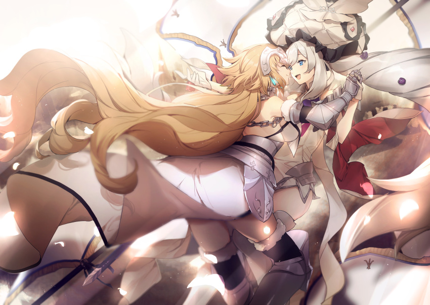 2girls armor armored_dress blonde_hair blue_eyes chains dress fate/grand_order fate_(series) faulds hand_holding headpiece highres jeanne_d'arc_(fate) jeanne_d'arc_(fate)_(all) long_hair marie_antoinette_(fate/grand_order) multiple_girls no-kan open_mouth plackart silver_hair sleeveless sleeveless_dress thigh-highs twintails very_long_hair white_dress white_headwear