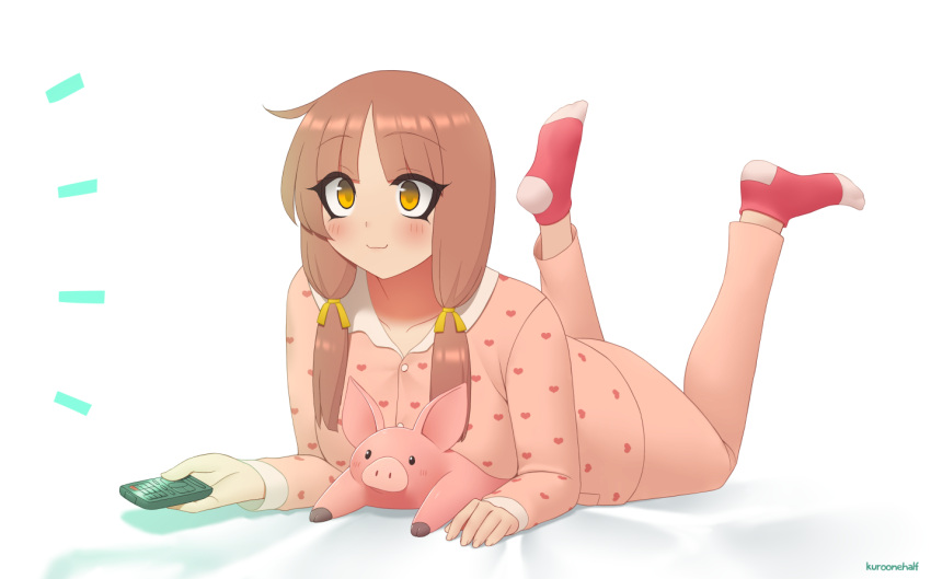 1girl artist_name brown_hair chinese_zodiac commentary controller english_commentary eyebrows_visible_through_hair eyes_visible_through_hair feet_up hair_ribbon heart heart_print kuroonehalf long_hair long_sleeves looking_away low_twintails lying on_stomach original pajamas pig print_pajamas remote_control ribbon simple_background smile socks solo twintails white_background year_of_the_pig yellow_eyes yellow_ribbon