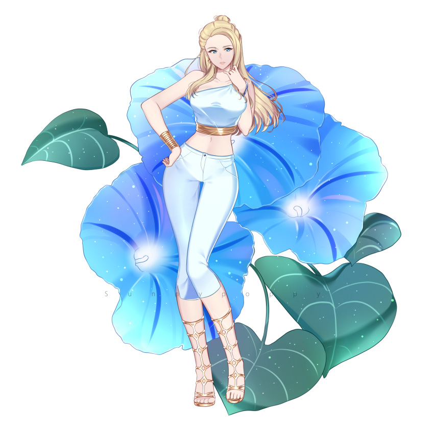 1girl absurdres blonde_hair blue_eyes blue_flower blue_pants blue_shirt bracelet breasts capri_pants earrings flower full_body gladiator_shoes gold_footwear highres jewelry leaf long_hair navel pants rwby salem shirt single_bare_shoulder solo sunnypoppy taut_clothes taut_shirt white_background