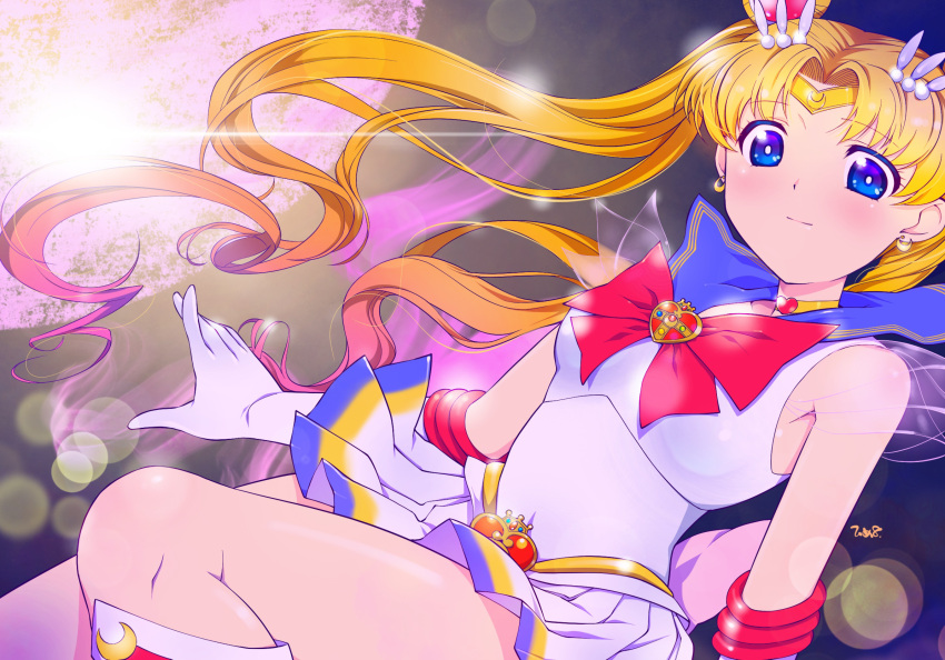 1girl bangs bishoujo_senshi_sailor_moon blonde_hair blue_eyes blue_sailor_collar blush boots bow brooch choker circlet closed_mouth elbow_gloves gloves hair_bun hair_ornament hairpin heart heart_choker highres himewachi jewelry knee_boots long_hair looking_at_viewer magical_girl moon multicolored multicolored_clothes multicolored_skirt parted_bangs pleated_skirt red_bow red_footwear sailor_collar sailor_moon sailor_senshi_uniform signature skirt smile solo super_sailor_moon tsukino_usagi twintails white_gloves yellow_neckwear