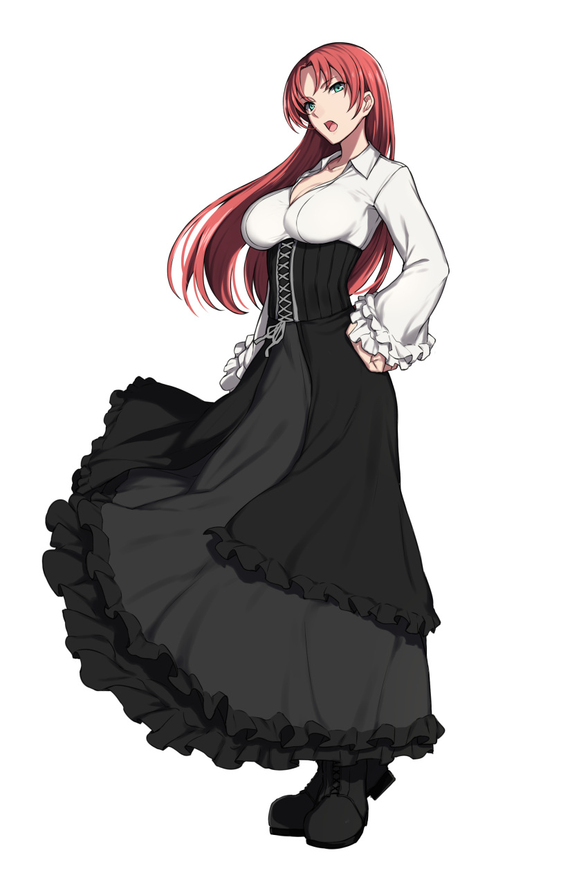 1girl :o absurdres black_dress black_footwear blue_eyes breasts cleavage dress full_body hand_on_hip highres large_breasts long_hair looking_at_viewer original redhead sblack shirt simple_background solo white_background white_shirt