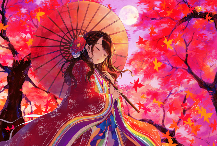 1girl absurdres autumn_leaves blue_bow bow braid brown_hair closed_eyes day flower from_below full_moon hair_flower hair_ornament haori highres holding holding_umbrella japanese_clothes kimono leaf long_hair maple_leaf moon oriental_umbrella original outdoors parted_lips red_flower rose shiny shiny_hair single_braid solo sudach_koppe transparent transparent_umbrella tree umbrella white_flower white_rose