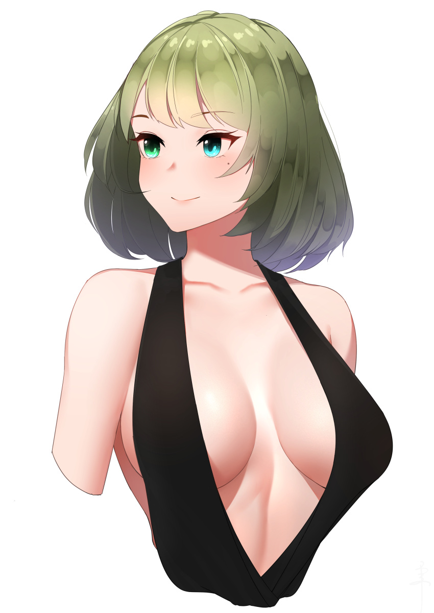 1girl absurdres black_dress blue_eyes breasts breasts_apart collarbone cropped_arms cropped_torso dress green_eyes green_hair halter_dress heterochromia highres idolmaster idolmaster_cinderella_girls idolmaster_cinderella_girls_starlight_stage looking_to_the_side medium_breasts mole mole_under_eye plunging_neckline senju_(snz0) short_hair simple_background smile solo takagaki_kaede upper_body white_background