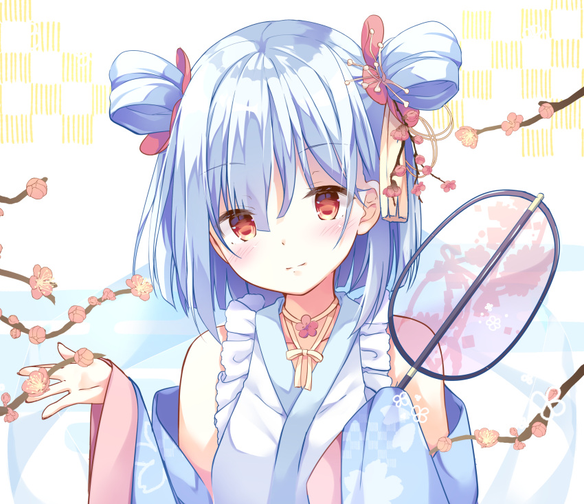 1girl absurdres bangs bare_shoulders blue_hair blue_sleeves blush closed_mouth collarbone commentary_request detached_sleeves eyebrows_visible_through_hair floral_print flower hair_between_eyes hair_flower hair_ornament hands_up head_tilt highres holding japanese_clothes kimono kinokomushi long_sleeves original print_sleeves red_eyes red_flower sleeveless sleeveless_kimono sleeves_past_fingers sleeves_past_wrists smile solo tree_branch two_side_up upper_body white_kimono