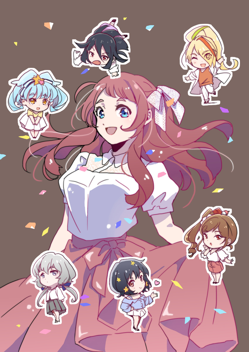 6+girls :o ;d absurdres ahoge alternate_costume aqua_hair black_hair blonde_hair blue_eyes breasts brown_background brown_eyes brown_hair chibi fang green_hair grey_skirt hair_ornament hair_ribbon highres hoshikawa_lily jacket konno_junko large_breasts long_hair looking_at_viewer low_twintails mado_cat02 minamoto_sakura mizuno_ai multicolored_hair multiple_girls nikaidou_saki one_eye_closed open_mouth orange_hair pink_ribbon pink_skirt red_eyes redhead ribbon short_sleeves side_ponytail silver_hair simple_background skirt smile solo_focus star star_hair_ornament streaked_hair twintails very_long_hair white_jacket yamada_tae yuugiri_(zombie_land_saga) zombie_land_saga