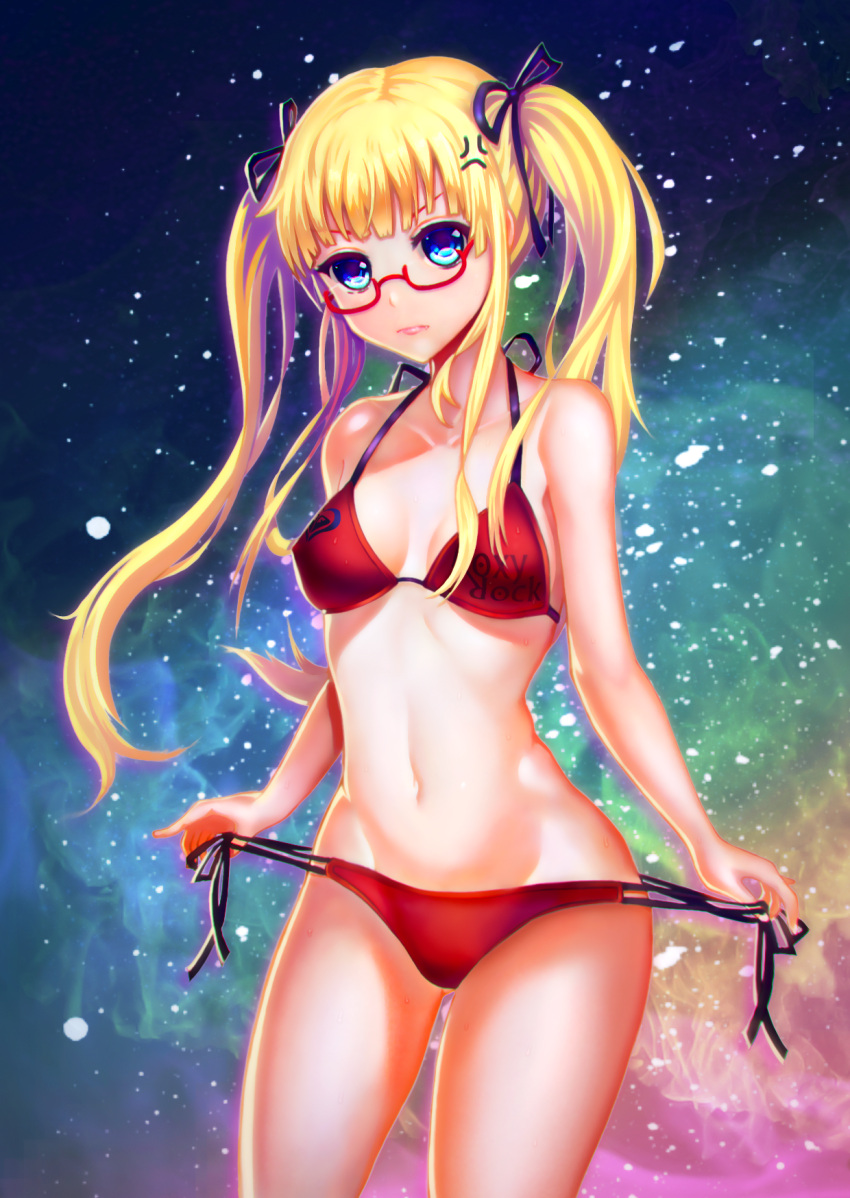 1girl anger_vein bangs bikini black_ribbon blue_eyes blue_hair breasts cleavage collarbone cowboy_shot floating_hair glasses hair_ribbon halterneck highres long_hair looking_at_viewer print_bikini red-framed_eyewear red_bikini ribbon saenai_heroine_no_sodatekata sawamura_spencer_eriri semi-rimless_eyewear side-tie_bikini small_breasts softwareworker solo standing swimsuit twintails under-rim_eyewear untied untied_bikini