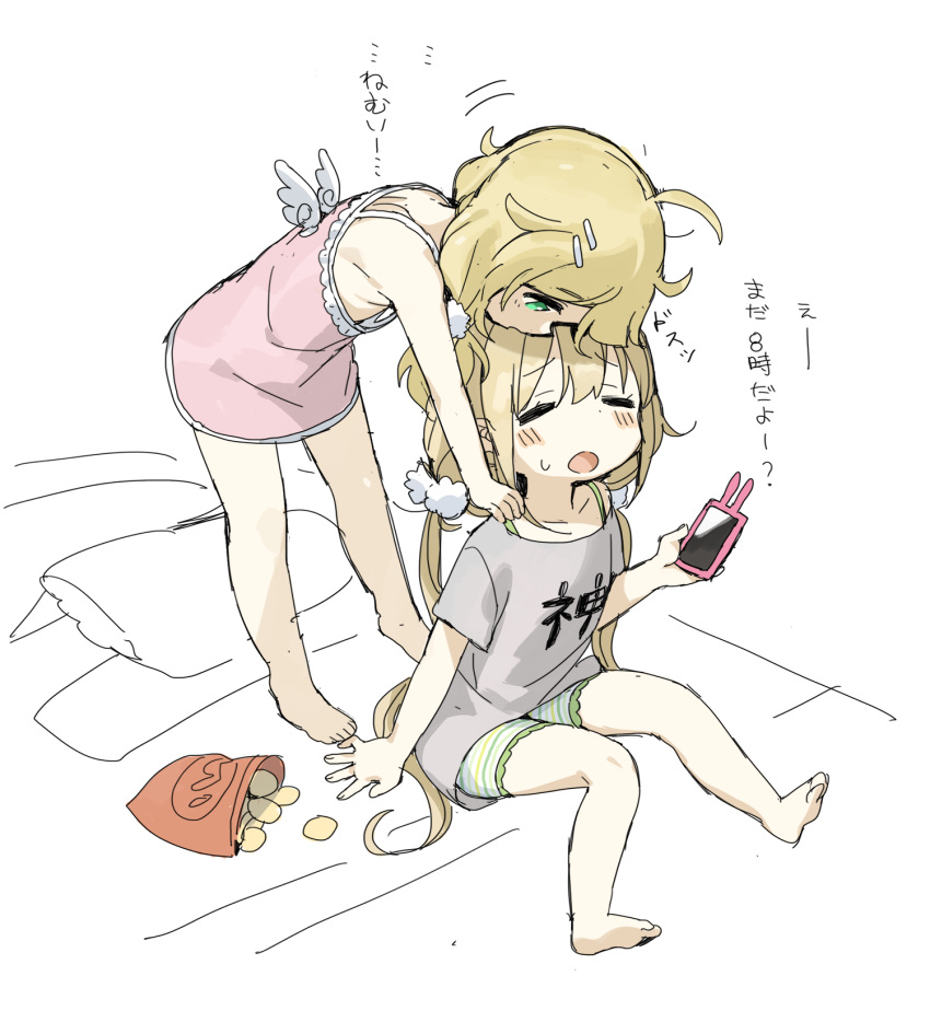 2girls ahoge bag_of_chips bangs bare_arms bare_legs bare_shoulders barefoot blonde_hair blush_stickers cellphone chips closed_eyes clothes_writing collarbone dress eyebrows_visible_through_hair fake_wings food futaba_anzu futon green_eyes grey_shirt hair_between_eyes hair_ornament hairclip highres holding holding_cellphone holding_phone idolmaster idolmaster_cinderella_girls leaning_forward long_hair low_twintails mini_wings monochrome_background multiple_girls on_bed phone pillow pink_dress potato_chips profile shirt short_dress short_shorts short_sleeves shorts sitting sleeveless sleeveless_dress spawnfoxy standing striped striped_shorts translated twintails very_long_hair white_wings wings yusa_kozue