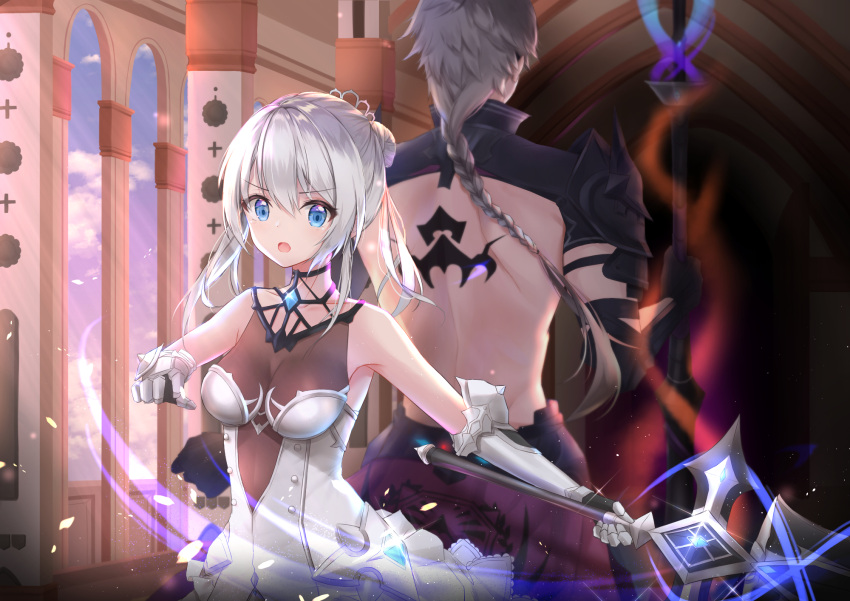 1boy 1girl :o armor armored_dress bangs bare_shoulders blue_eyes blue_sky braid breasts chase_(king's_raid) commentary_request cuna_(qunya) day dress facing_away from_behind gauntlets grey_hair highres holding holding_spear holding_sword holding_weapon indoors king's_raid light_particles long_hair looking_at_viewer magic medium_breasts open_mouth polearm scarlet_(king's_raid) sidelocks silver_hair single_braid sky sleeveless sleeveless_dress spear standing sword tiara weapon