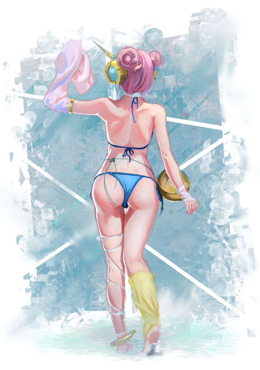 1girl absurdres anklet ass asymmetrical_legwear asymmetrical_sleeves ball bandage barefoot bikini blue_bikini blue_ribbon detached_sleeves dimples_of_venus double_bun fate/grand_order fate_(series) frankenstein's_monster_(fate) frankenstein's_monster_(swimsuit_saber)_(fate) from_behind full_body highres holding holding_ball horn jewelry leg_ribbon long_sleeves pink_hair ribbon short_hair single_sleeve single_thighhigh sleeves_past_fingers sleeves_past_wrists softwareworker soles solo standing swimsuit thigh-highs white_ribbon white_sleeves yellow_legwear