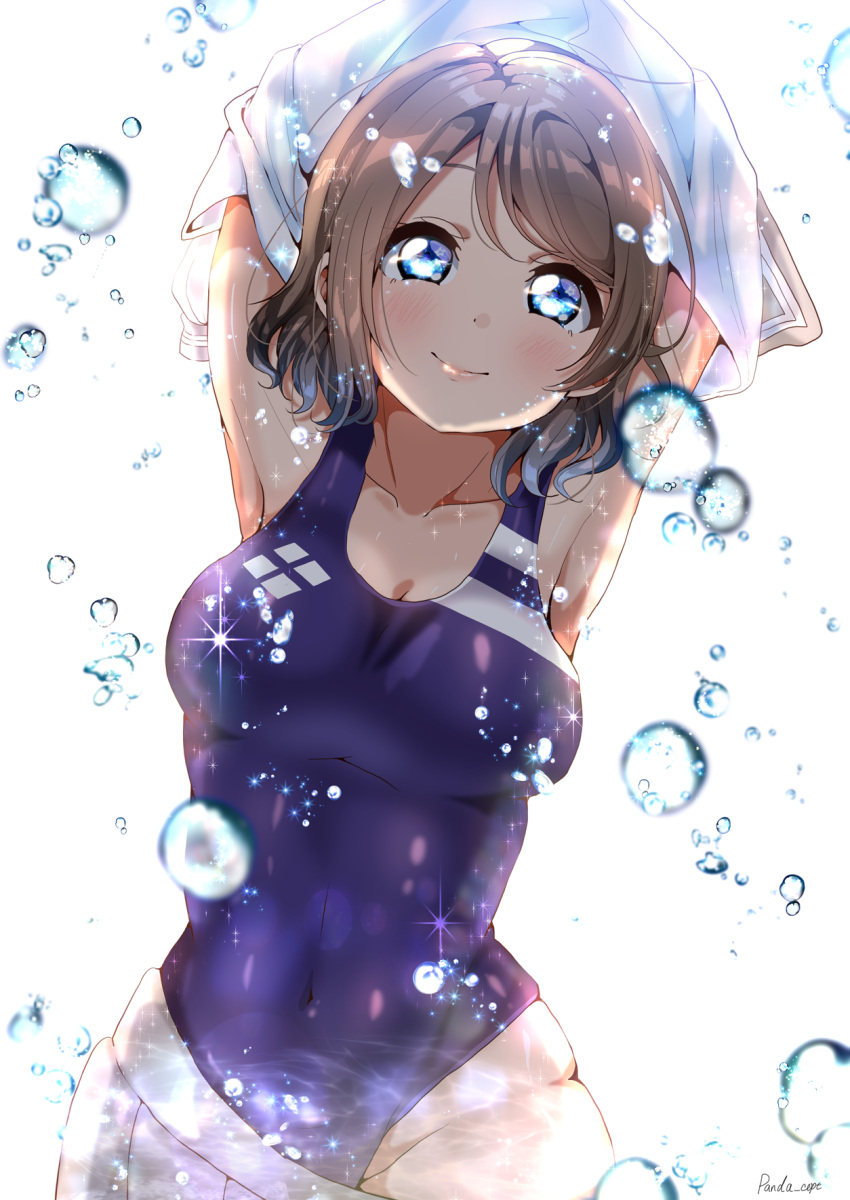 1girl armpits arms_up artist_name blue_eyes blue_swimsuit blush brown_hair collarbone commentary_request covered_navel droplet highres looking_at_viewer love_live! love_live!_sunshine!! one-piece_swimsuit panda_copt school_swimsuit school_uniform shirt short_hair skirt skirt_pull smile solo swimsuit swimsuit_under_clothes undressing uranohoshi_school_uniform watanabe_you white_shirt