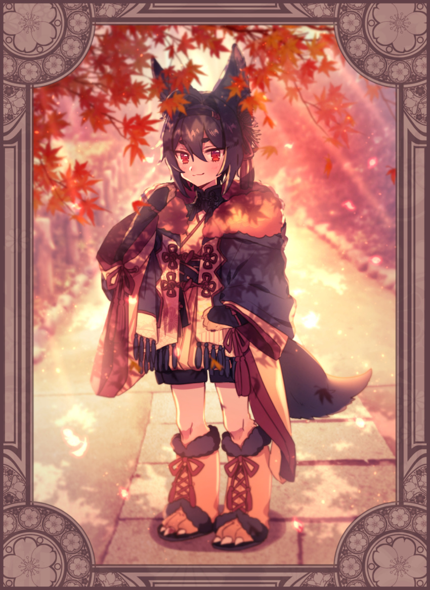 androgynous animal_ears autumn_leaves black_hair black_hairband creatures_(company) dappled_sunlight day fur_trim game_freak gen_2_pokemon hairband highres looking_at_viewer moe_(hamhamham) nintendo outdoors paw_boots personification pokemon red_eyes standing sunlight tail thick_eyebrows typhlosion wide_sleeves yellow_legwear