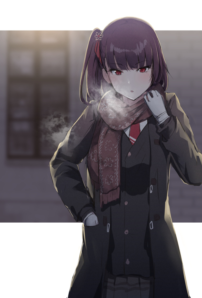 1girl absurdres adjusting_scarf alternate_costume bangs black_coat black_skirt blush breasts breath brown_skirt coat cold commentary_request day eyebrows_visible_through_hair girls_frontline gloves hair_ribbon highres kagerou_(gigayasoma) large_breasts long_hair looking_at_viewer one_side_up outdoors outside_border pantyhose plaid pleated_skirt purple_hair red_eyes red_scarf ribbon scarf shirt skirt snowflake_print solo very_long_hair wa2000_(girls_frontline) white_gloves
