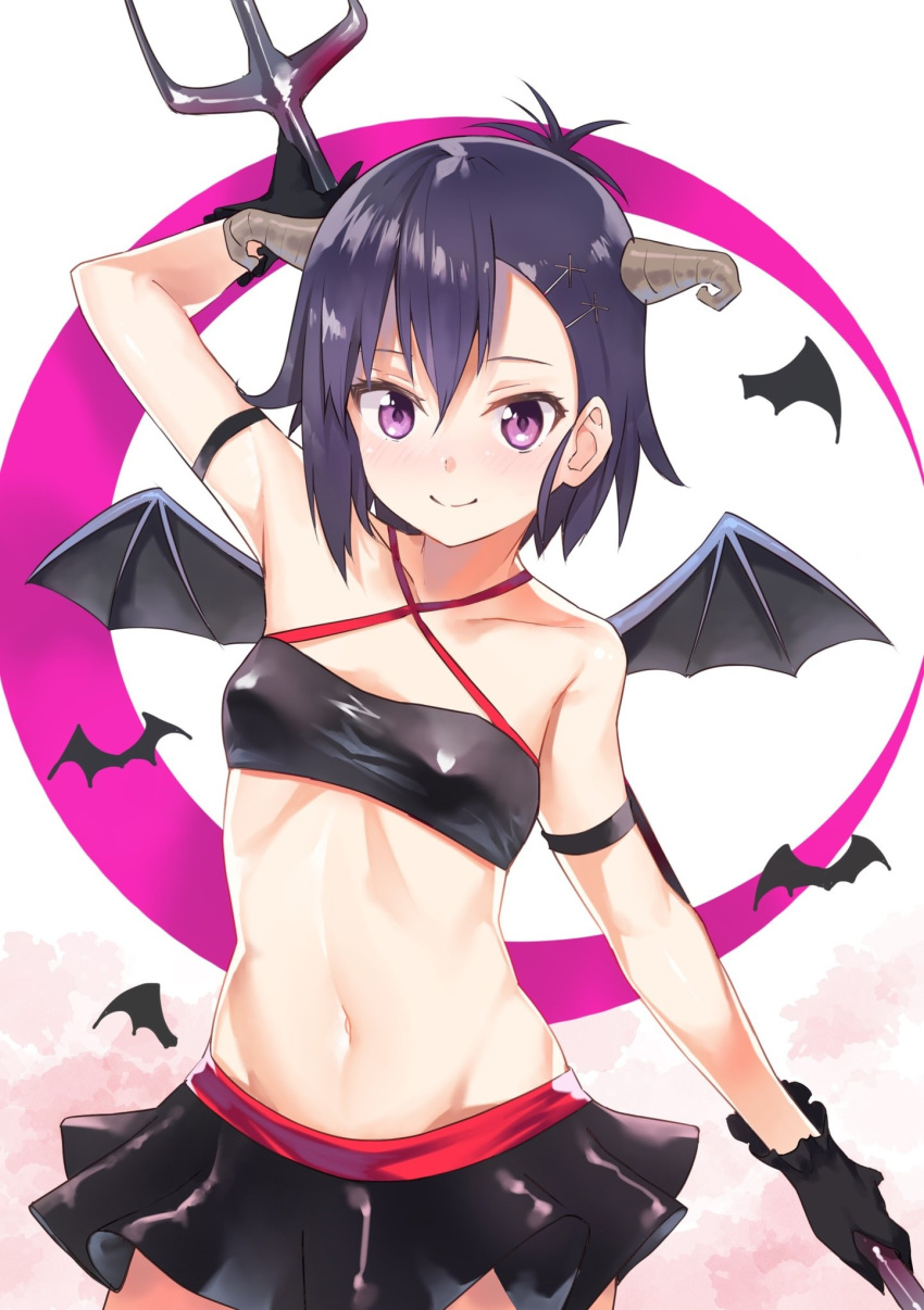 1girl arm_behind_head arm_up bare_shoulders bat_background behind_back black_gloves black_skirt blush covered_nipples crop_top demon_girl demon_horns demon_wings gabriel_dropout gloves groin hair_between_eyes hair_ornament hairclip hallelujah_essaim highres holding holding_weapon horns kerun looking_at_viewer medium_hair midriff miniskirt navel pleated_skirt polearm purple_hair skin_tight skirt smile solo trident tsukinose_vignette_april violet_eyes weapon wings x_hair_ornament