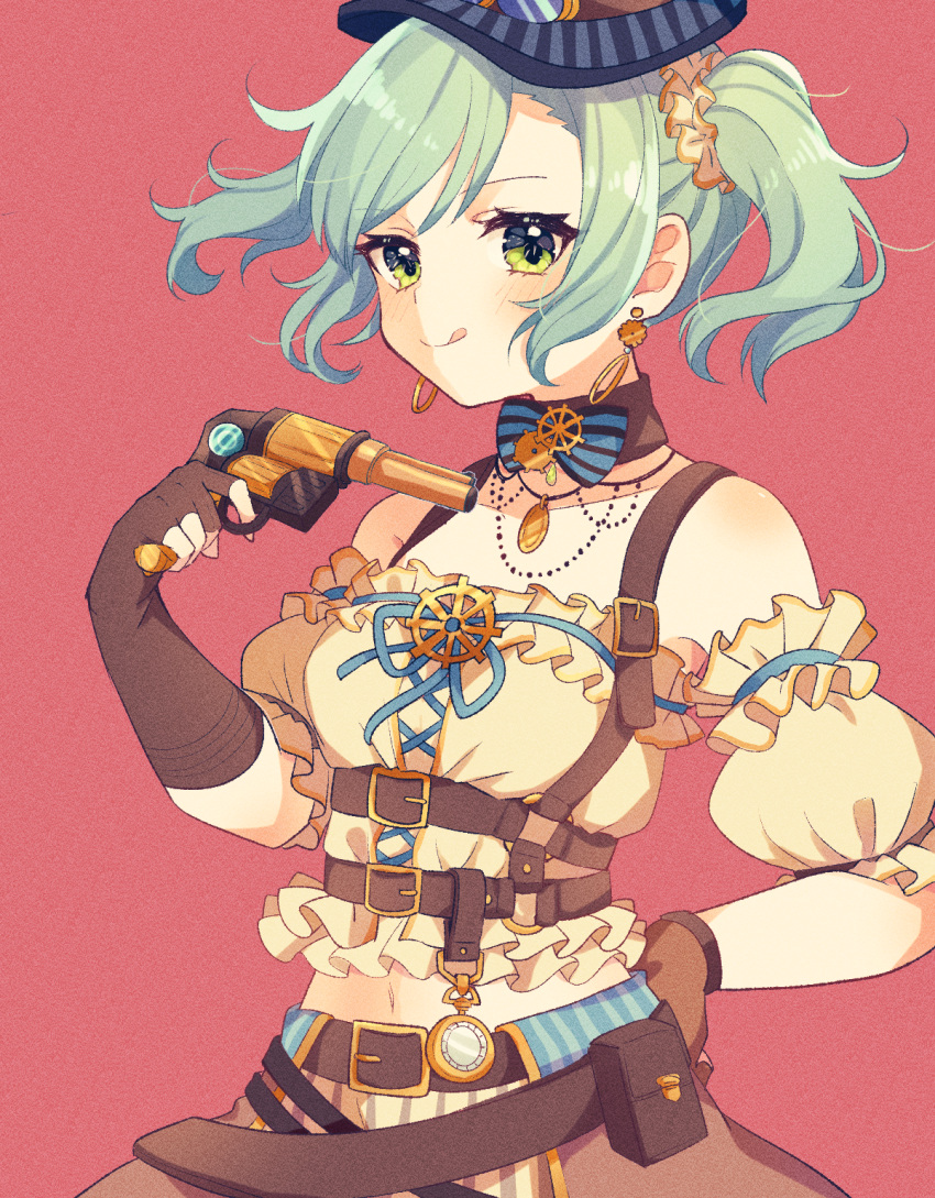 1girl :q aqua_hair bang_dream! belt belt_pouch black_gloves blue_headwear blue_neckwear blush bow bowtie brown_gloves cross-laced_clothes detached_collar detached_sleeves earrings elbow_gloves finger_on_trigger fingerless_gloves frilled_shirt frilled_sleeves frills gears gloves green_eyes gun hair_ornament hair_scrunchie hand_on_hip highres hikawa_hina hinakano_h holding holding_gun holding_weapon jewelry looking_at_viewer mismatched_gloves multiple_belts navel pendant pouch red_background scrunchie shirt short_sleeves sidelocks single_elbow_glove solo steampunk striped striped_neckwear tongue tongue_out twintails upper_body watch weapon yellow_shirt