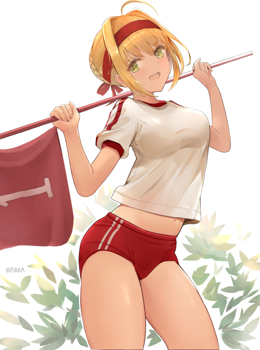1girl absurdres ahoge arched_back blonde_hair braid breasts buruma commentary_request contemporary dress eyebrows_visible_through_hair fate/extra fate/extra_ccc fate/grand_order fate_(series) french_braid green_eyes gym_shirt gym_uniform hair_intakes headband highres looking_at_viewer medium_breasts navel nero_claudius_(fate) nero_claudius_(fate)_(all) olympian_bloomers open_mouth pjkka red_buruma red_dress red_headband shirt short_sleeves smile solo sportswear standing twitter_username white_shirt