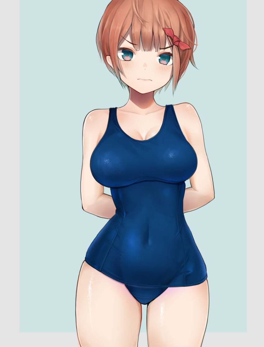 1girl 3: arms_behind_back bangs bare_shoulders blue_background blue_eyes blue_swimsuit bokutachi_wa_benkyou_ga_dekinai breasts brown_hair cleavage closed_mouth collarbone colored_eyelashes commentary_request competition_swimsuit covered_navel cowboy_shot eyebrows_visible_through_hair gatchan hair_ribbon highres impossible_clothes impossible_swimsuit large_breasts looking_at_viewer no_eyewear ogata_rizu one-piece_swimsuit red_ribbon ribbon short_hair solo swimsuit thighs v-shaped_eyebrows