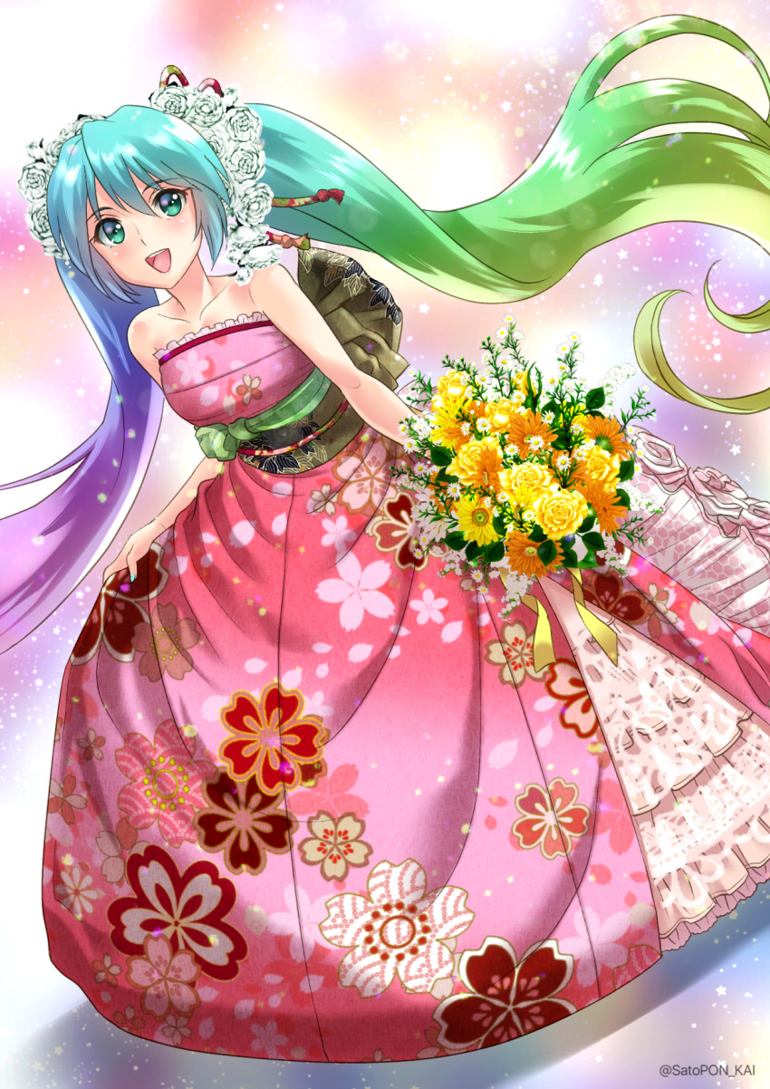 1girl blue_eyes blue_hair bouquet collarbone dress eyebrows_visible_through_hair floral_print flower green_hair hair_between_eyes hair_flower hair_ornament hatsune_miku head_wreath highres holding holding_bouquet long_dress looking_at_viewer multicolored_hair obi pink_dress print_dress purple_hair rose sash sato-pon shiny shiny_hair sleeveless sleeveless_dress solo striped striped_dress vocaloid white_flower white_rose yellow_flower