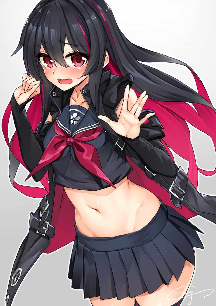 1girl :o arm_warmers bangs bare_shoulders black_hair black_jacket black_legwear black_shirt black_skirt blush collarbone commentary_request cowboy_shot crop_top genderswap groin hair_between_eyes hands_up highres jacket long_hair looking_at_viewer midriff miniskirt multicolored_hair navel neckerchief open_clothes open_jacket open_mouth pleated_skirt purple_hair red_eyes red_neckwear ren_(witch's_weapon) shirt shuutou_haruka sidelocks signature skirt sleeveless_jacket solo standing stomach streaked_hair thigh-highs very_long_hair wavy_mouth witch's_weapon zettai_ryouiki