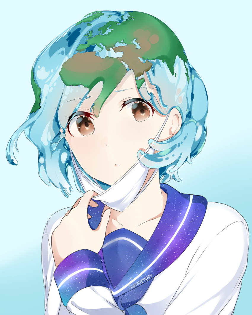 1girl absurdres artist_name bangs blue_background blue_hair brown_eyes collarbone earth earth-chan gradient gradient_background green_hair hair_between_eyes highres looking_at_viewer mask mask_pull multicolored_hair original purple_sailor_collar sad sailor_collar school_uniform shirt short_hair solo sunnypoppy surgical_mask two-tone_hair white_shirt