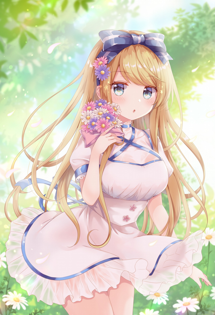 1girl :o absurdres blonde_hair blue_bow blue_eyes blush bouquet bow breasts cowboy_shot daisy day dress emori_miku_project emu_alice flower frilled_dress frills gomano_rio hair_bow hair_flower hair_ornament hairband highres holding holding_bouquet long_hair looking_at_viewer medium_breasts open_mouth outdoors puffy_short_sleeves puffy_sleeves see-through short_dress short_sleeves solo white_dress