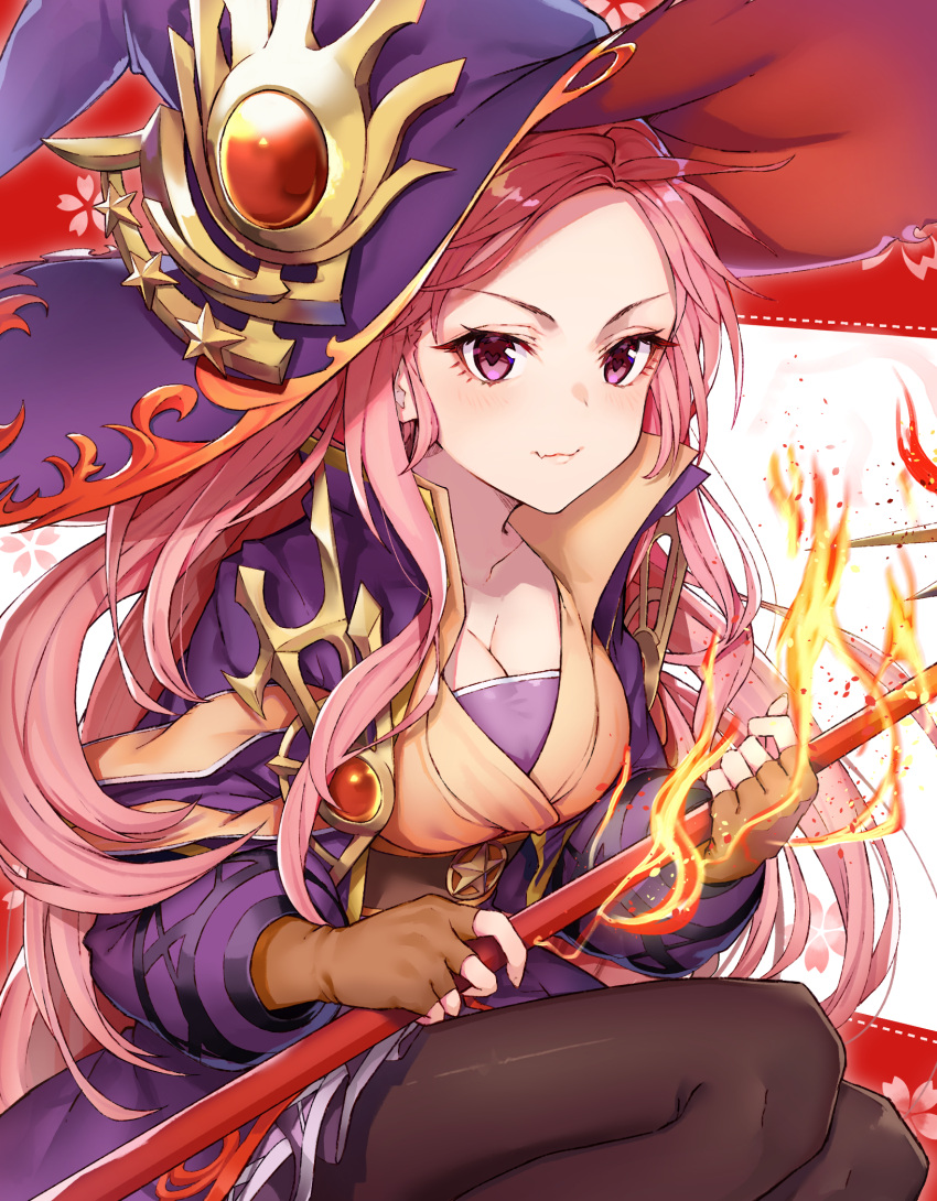 1girl belt black_cola breasts brown_gloves brown_legwear cherry_blossoms cleavage cleo_(king's_raid) fang fingerless_gloves fire gloves hat hat_ornament highres holding holding_staff jacket king's_raid large_breasts long_hair looking_at_viewer open_clothes open_jacket pantyhose pink_eyes pink_hair purple_jacket smile solo staff star very_long_hair witch witch_hat