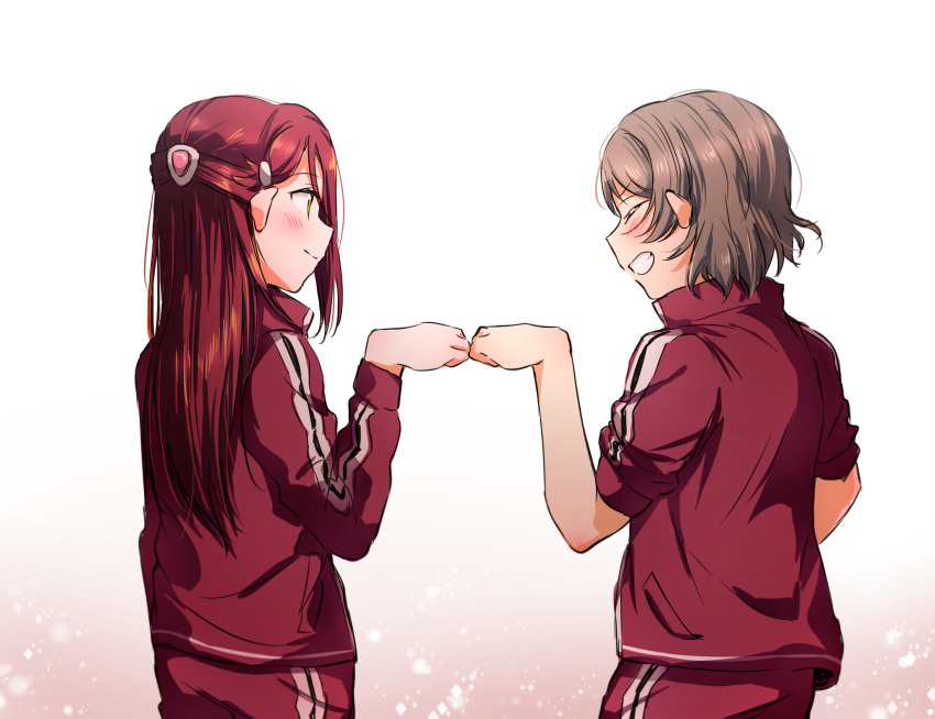 2girls ^_^ blush closed_eyes closed_eyes fist_bump from_behind grey_hair grin hair_ornament hairclip half_updo highres jacket long_sleeves looking_at_another love_live! love_live!_sunshine!! multiple_girls pants red_jacket red_pants redhead sakurauchi_riko short_hair sleeves_pushed_up smile track_jacket track_suit watanabe_you yuchi_(salmon-1000)