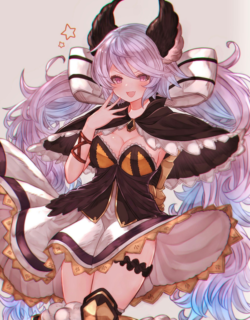 1girl :d arm_behind_back bangs black_capelet blue_hair blush bow breasts capelet cleavage fang fur_trim granblue_fantasy hair_between_eyes hair_ribbon hand_up highres large_breasts leg_garter long_hair looking_at_viewer low_twintails multicolored_hair open_mouth purple_hair ribbon rice_tea satyr_(granblue_fantasy) simple_background smile solo star twintails very_long_hair violet_eyes white_bow