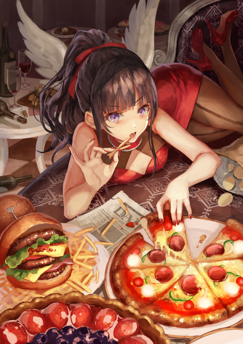 1girl alcohol bag_of_chips bangs bare_arms bare_shoulders black_hair blush bottle bow breasts brown_legwear character_request checkered checkered_floor chips commentary cup dress drinking_glass english_commentary eyebrows_visible_through_hair feathered_wings fingernails food french_fries hair_bow hamburger high_heels high_ponytail highres holding holding_food indoors legs_up long_hair looking_at_viewer lying medium_breasts nail_polish nanatsu_no_taizai newspaper on_stomach open_mouth pantyhose pizza ponytail potato_chips red_bow red_dress red_footwear red_nails shoes slice_of_pizza solo steak table tamarashi v-shaped_eyebrows violet_eyes white_wings wine wine_glass wings