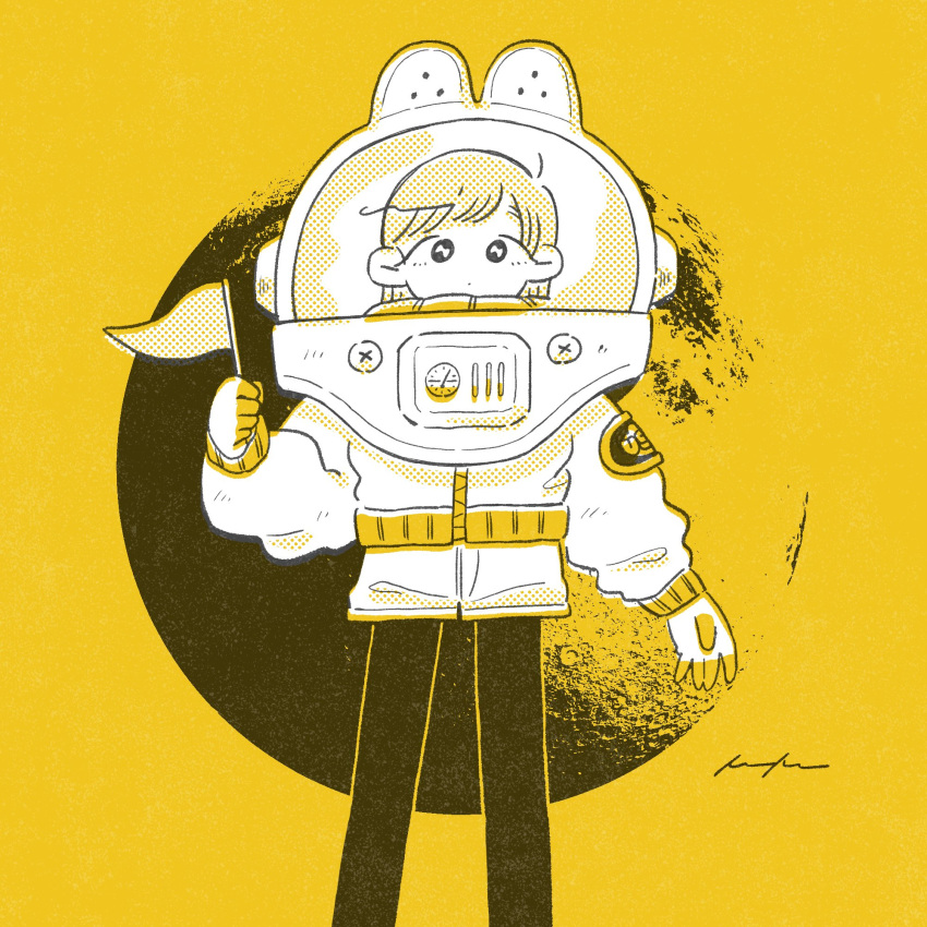 1girl astronaut astronaut_helmet black_eyes crater expressionless feet_out_of_frame flag halftone highres holding holding_flag keke_(kotowari) long_sleeves looking_at_viewer monochrome moon no_nose original solo spacesuit standing yellow_theme