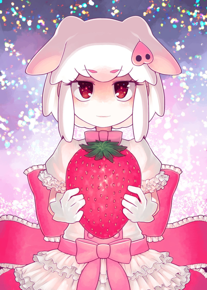 1girl animal_ears bow bowtie commentary extra_ears eyebrows_visible_through_hair food frills fruit gloves hair_ornament hairclip highres ino_(tellu0120) kemono_friends light_smile looking_at_viewer pig_(kemono_friends) pig_ears pink_neckwear puffy_short_sleeves puffy_sleeves red_eyes short_hair short_sleeves skirt solo star star_in_eye strawberry symbol_in_eye white_gloves white_hair