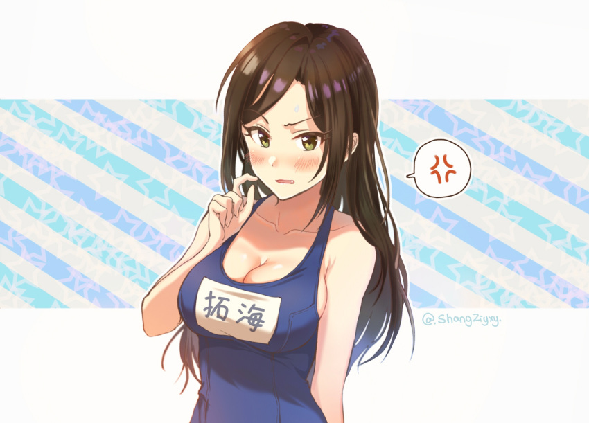 1girl anger_vein bangs bare_shoulders black_hair blue_swimsuit blush breasts cleavage collarbone fang green_eyes highres idolmaster idolmaster_cinderella_girls large_breasts long_hair looking_at_viewer mukai_takumi name_tag one-piece_swimsuit open_mouth parted_bangs shangziyxy solo spoken_anger_vein swimsuit