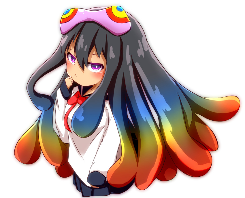 1girl bangs black_hair black_sailor_collar black_skirt blue_hair blush bow breasts closed_mouth commentary_request eyebrows_visible_through_hair gradient_hair green_hair hair_between_eyes hand_up highres idaten93 long_sleeves monster_girl multicolored_hair original parasite personification pleated_skirt red_bow redhead sailor_collar school_uniform serafuku shirt skirt sleeves_past_wrists small_breasts solo violet_eyes white_shirt