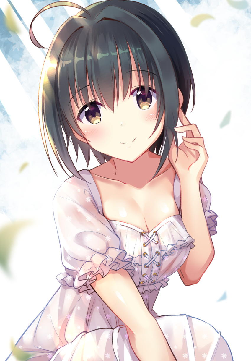 1girl ahoge bangs black_hair blurry blurry_foreground blush breasts brown_eyes cleavage closed_mouth commentary_request depth_of_field dress eyebrows_visible_through_hair hair_between_eyes hair_intakes hand_up head_tilt highres idolmaster idolmaster_cinderella_girls kohinata_miho leaves_in_wind looking_at_viewer puffy_short_sleeves puffy_sleeves revision see-through see-through_silhouette short_sleeves small_breasts smile solo u_rin white_dress