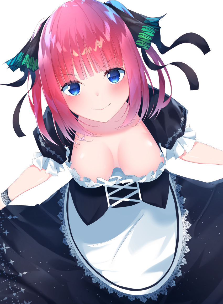 &gt;:) 1girl absurdres alternate_costume apron bangs black_dress black_ribbon blue_eyes blunt_bangs blush bowing breasts closed_mouth commentary_request curtsey downblouse dress enmaided eyebrows_visible_through_hair go-toubun_no_hanayome hair_ribbon highres lace-trimmed_apron lace_trim looking_at_viewer maid medium_breasts nakano_nino outstretched_hand puffy_short_sleeves puffy_sleeves redhead ribbon short_sleeves sidelocks simple_background skirt_hold smile solo suisen-21 two_side_up v-shaped_eyebrows waist_apron white_apron white_background wrist_cuffs