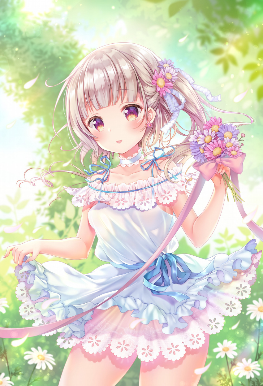 1girl :d absurdres bangs blunt_bangs blush bouquet breasts choker collarbone cowboy_shot daisy day dress earrings emori_miku_project esaka_marine flower flower_earrings frilled_dress frills hair_flower hair_ornament hair_ribbon highres holding holding_bouquet jewelry lace light_brown_hair long_hair looking_at_viewer one_side_up open_mouth outdoors petticoat pink_ribbon ribbon sakura_moyon short_dress skirt_hold sleeveless small_breasts smile solo violet_eyes white_dress white_ribbon