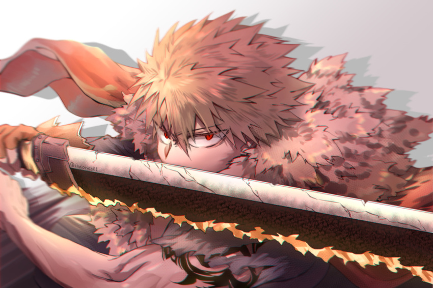 1boy @ artist_name bakugou_katsuki bare_arms blonde_hair boku_no_hero_academia cape commentary eyebrows_visible_through_hair fur_trim gloves hair_between_eyes holding looking_at_viewer male_focus red_eyes ryuwen short_hair shoulder_tattoo solo spiky_hair sword tattoo torn_clothes v-shaped_eyebrows weapon