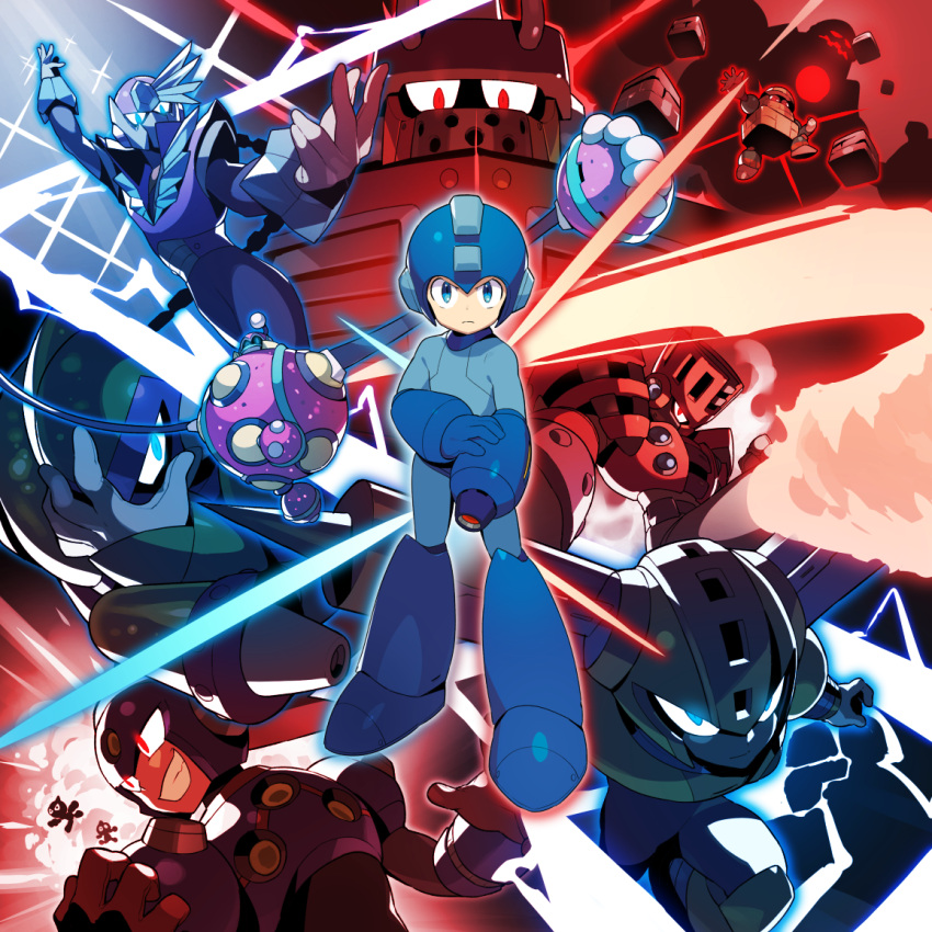 6+boys acid_man android arm_cannon blast_man block_man blue_eyes blue_gloves capcom commentary_request electricity fire fuse_man gloves glowing glowing_eyes grin helmet kin_niku multiple_boys pile_man red_eyes robot rockman rockman_(character) rockman_(classic) rockman_11 rubber_man serious smile standing torch_man tundra_man weapon